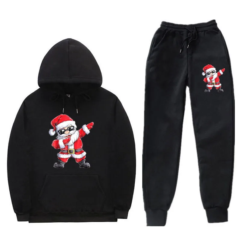 Santa Claus printed hoodie and pants set, fashionable threaded bottom hem, loose hooded shirt, men's and women's casual sports s