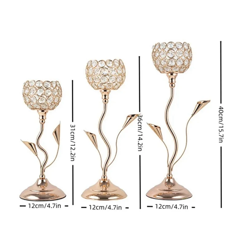 Gold Crystal Candle Holder, Iron Flower Shaped Candlestick Small Vintage Candlestick Set for Table Centerpiece,L