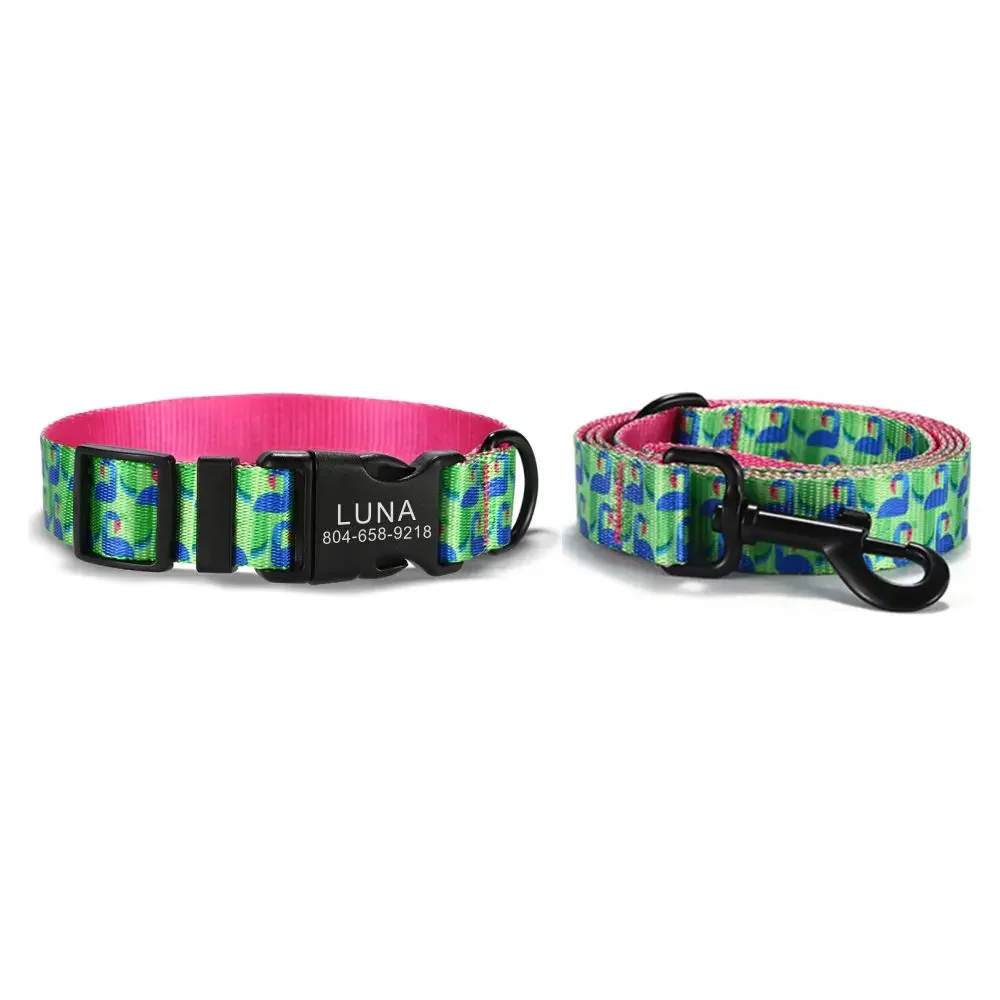 

Personalized Pet Collar, Customized Nameplate ID, Adjustable, Green Flamingo, Soft Fiber, Lead Leash, Cat Collars