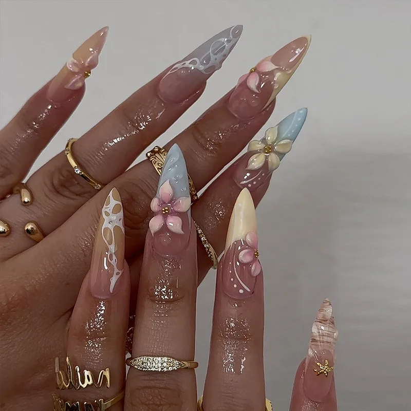 

Wear a long pointed three-dimensional flower pearl starfish nail art full size 24 nail patch finished product
