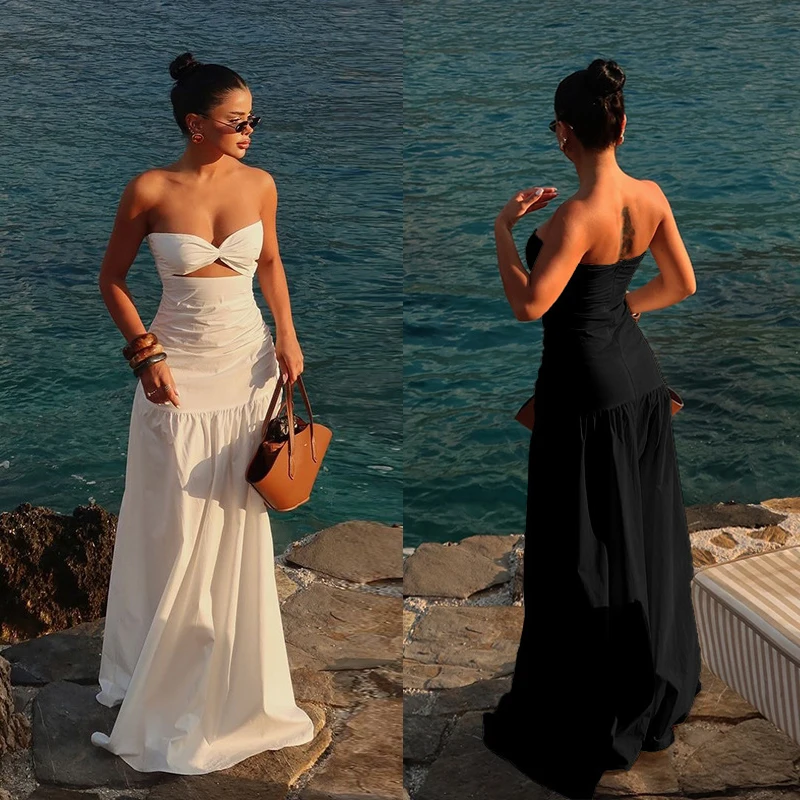 Robe longue Maxi pour femmes, couleur unie, sans bretelles, froncée, devant creux, sans manches, moulante, taille haute, pour la plage, les vacances, été, 2025