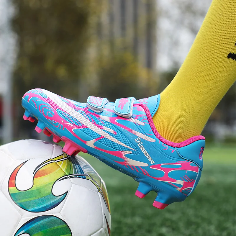 Hot Sale Blue Red FG/TF Children's Football Boots Outdoor Non-slip No-Lace Soccer Shoes for Teenagers School Sneakers Kids Boys