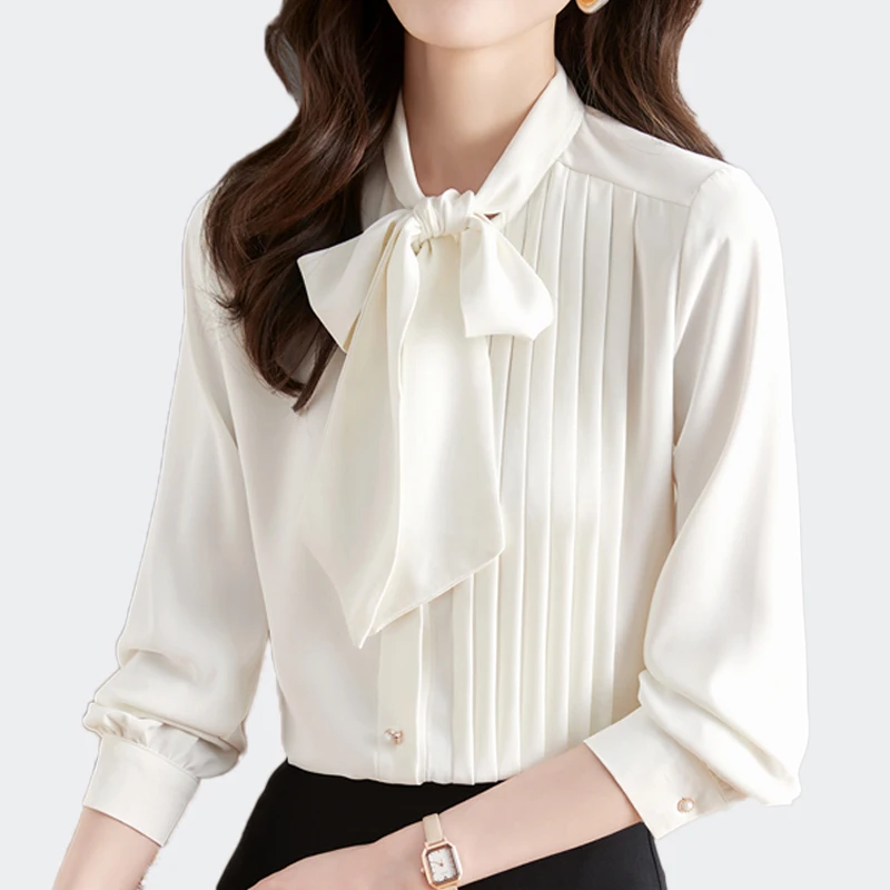 

Korean Autumn Chiffon Blouse Women Vintage Bow Collar Chic Folds Tops Long Sleeve Casual Blouse Office White Shirts Blusas Mujer