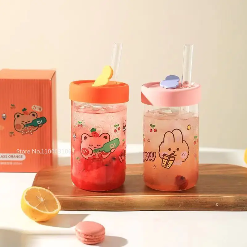 600ml Cute Cartoon Glass Cup With Lid and Straw Bubble Tea Cup Coffee Mug Juice Glass Beer Can Milk Mocha Water Cups Drinkware