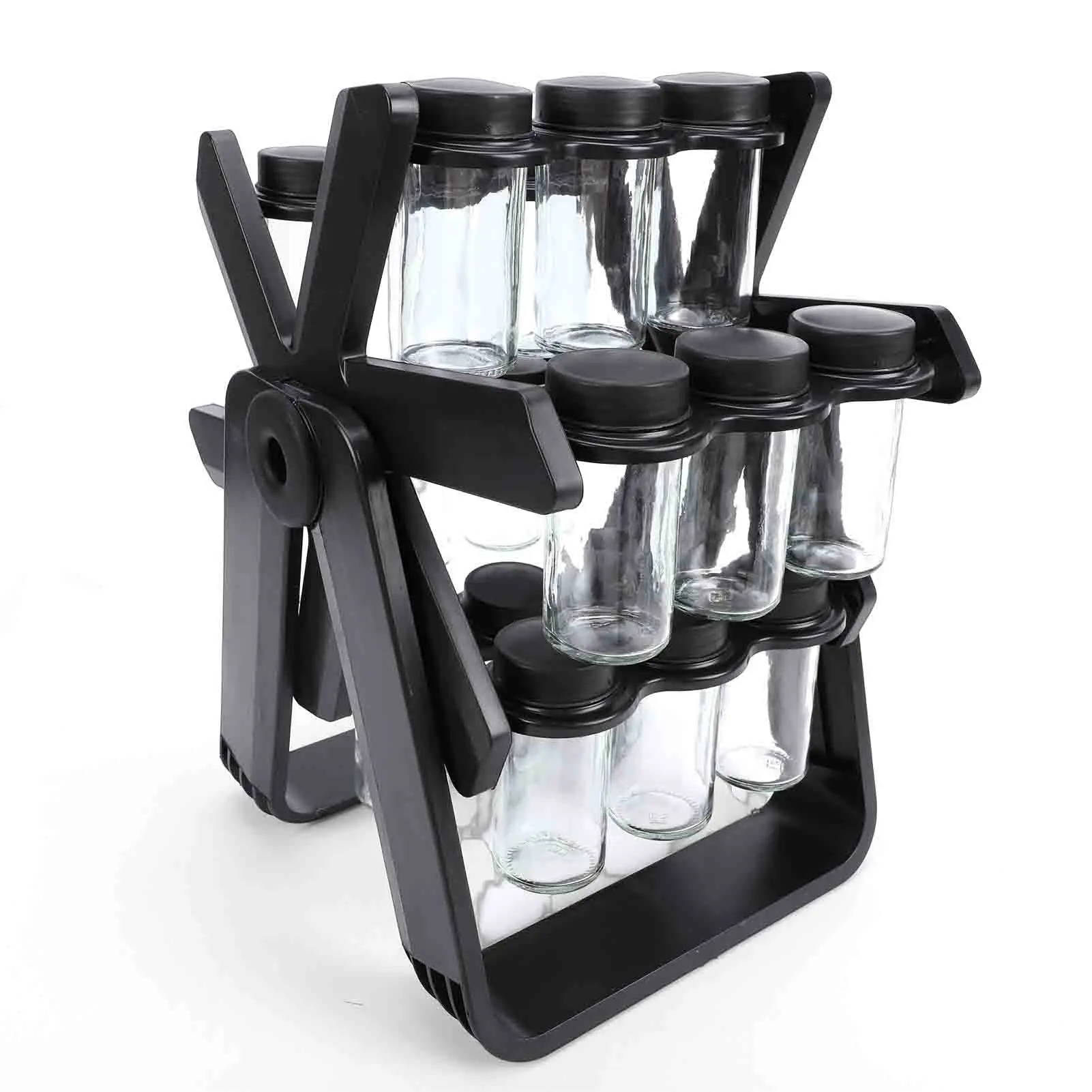 18 Jar Glass Spice Carousel Organizer 360° Revolving Spice Rack with Labels and Collapsible Funnel Space Saving Modern Kitchen