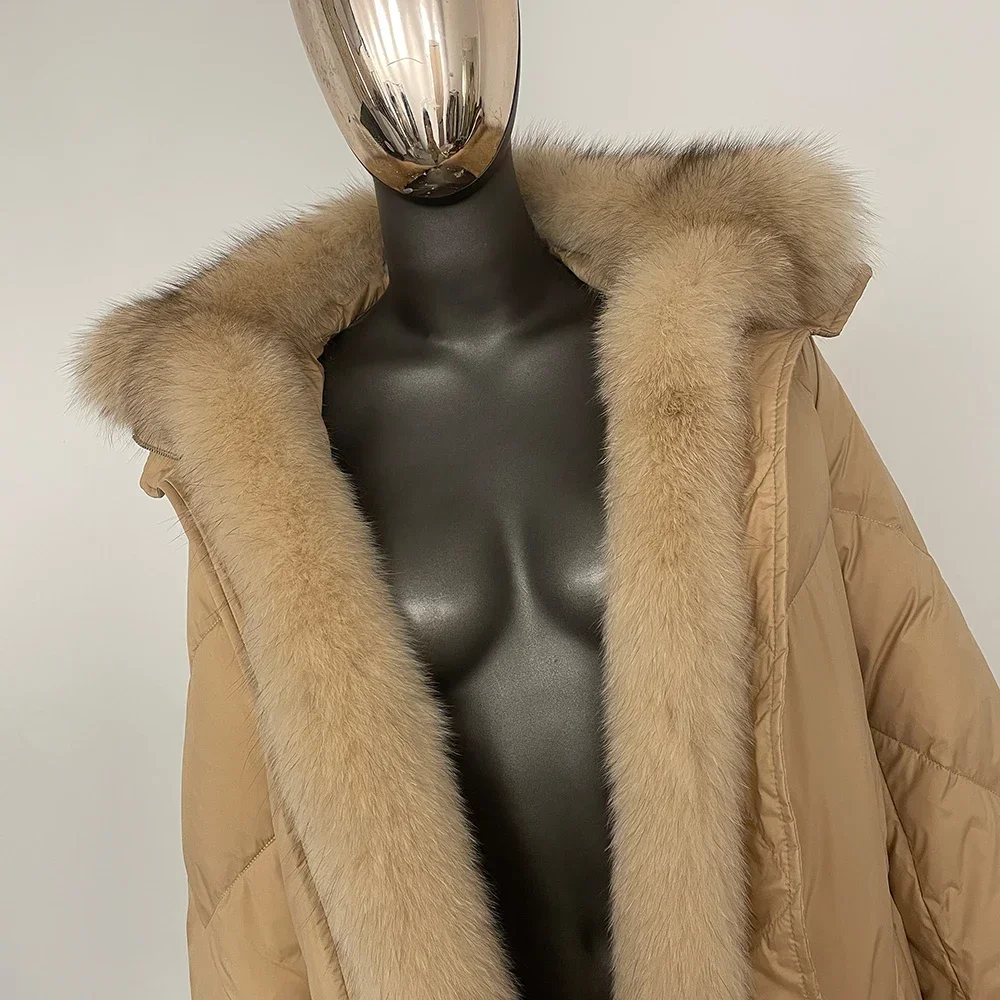 Piumino da donna in vera pelliccia di volpe naturale nuovo piumino invernale in piuma d'oca bianca spessa parka medio-lungo piumino caldo allentato femminile