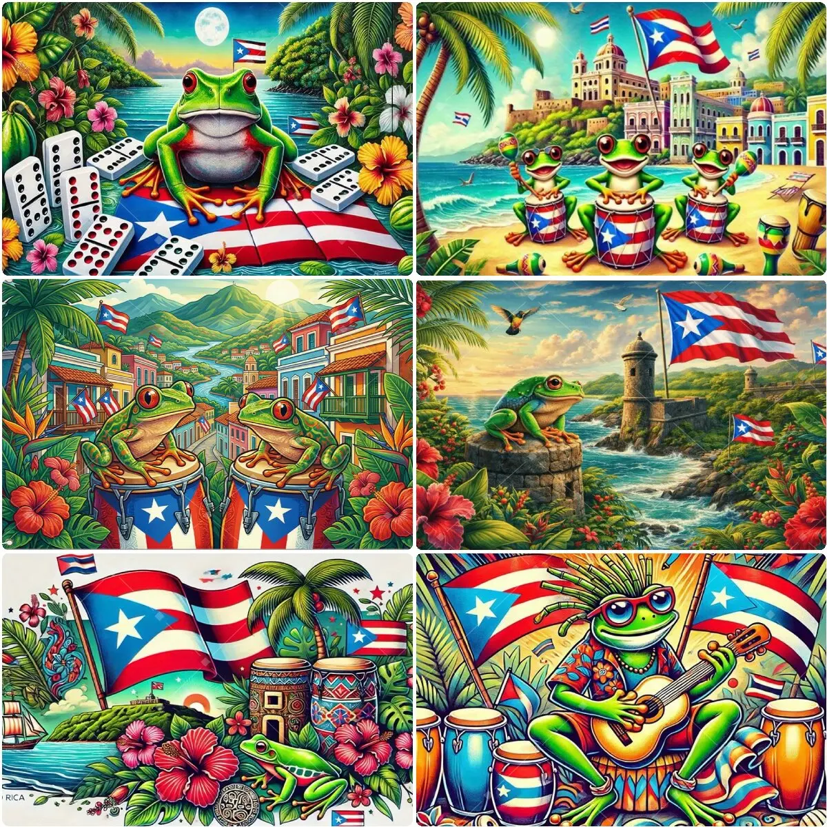 

Green Puerto Rican Corgi Frog Party Decoration Background Tropical Plant Bongo Drum and Flag Home Decor Poster Party Supplies