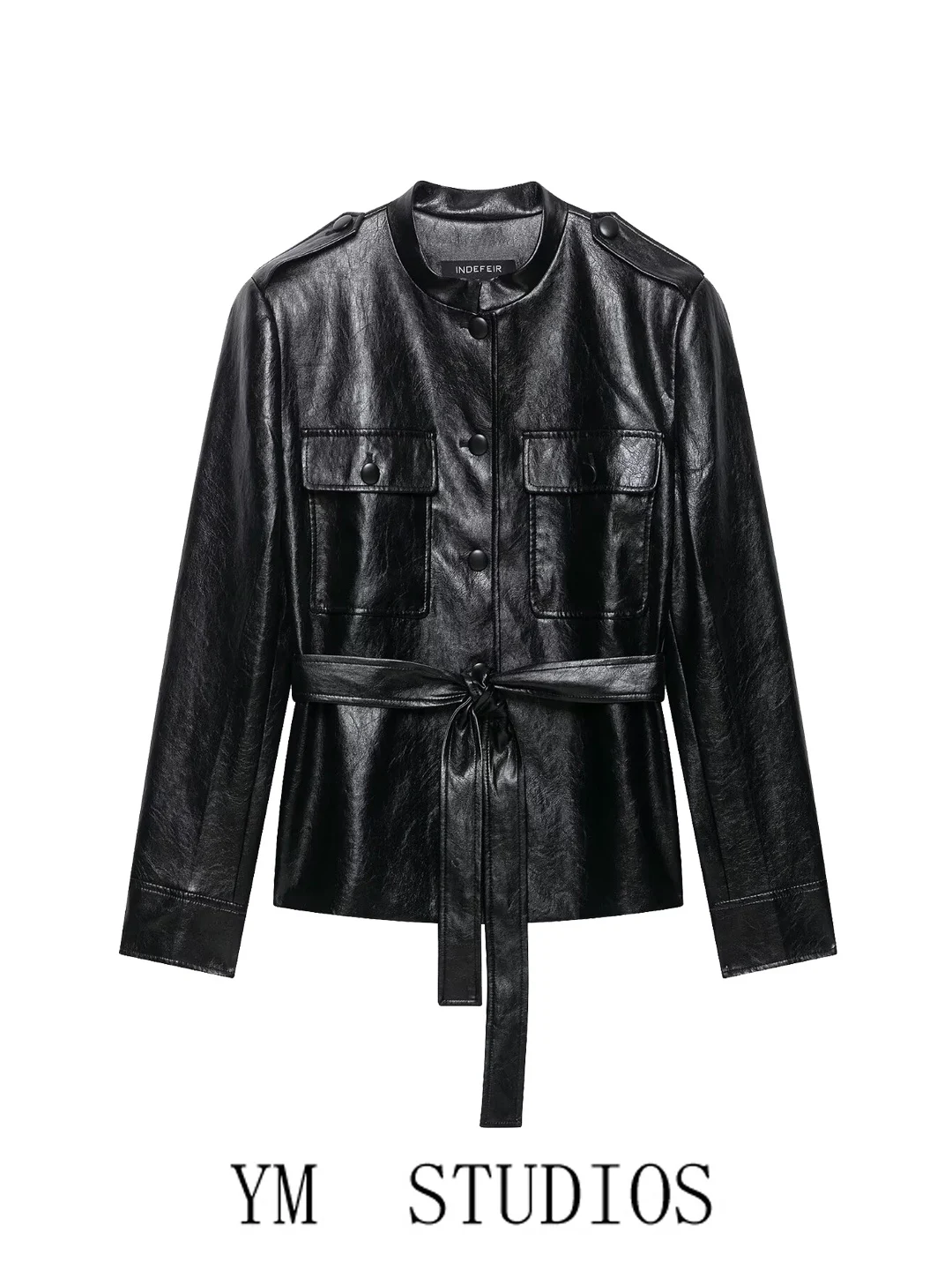 Loose Women's PU Leather Jacket Belted Waist Black Leather Effect Autumn Outerwear Long Sleeve Fashion Ladies Coat