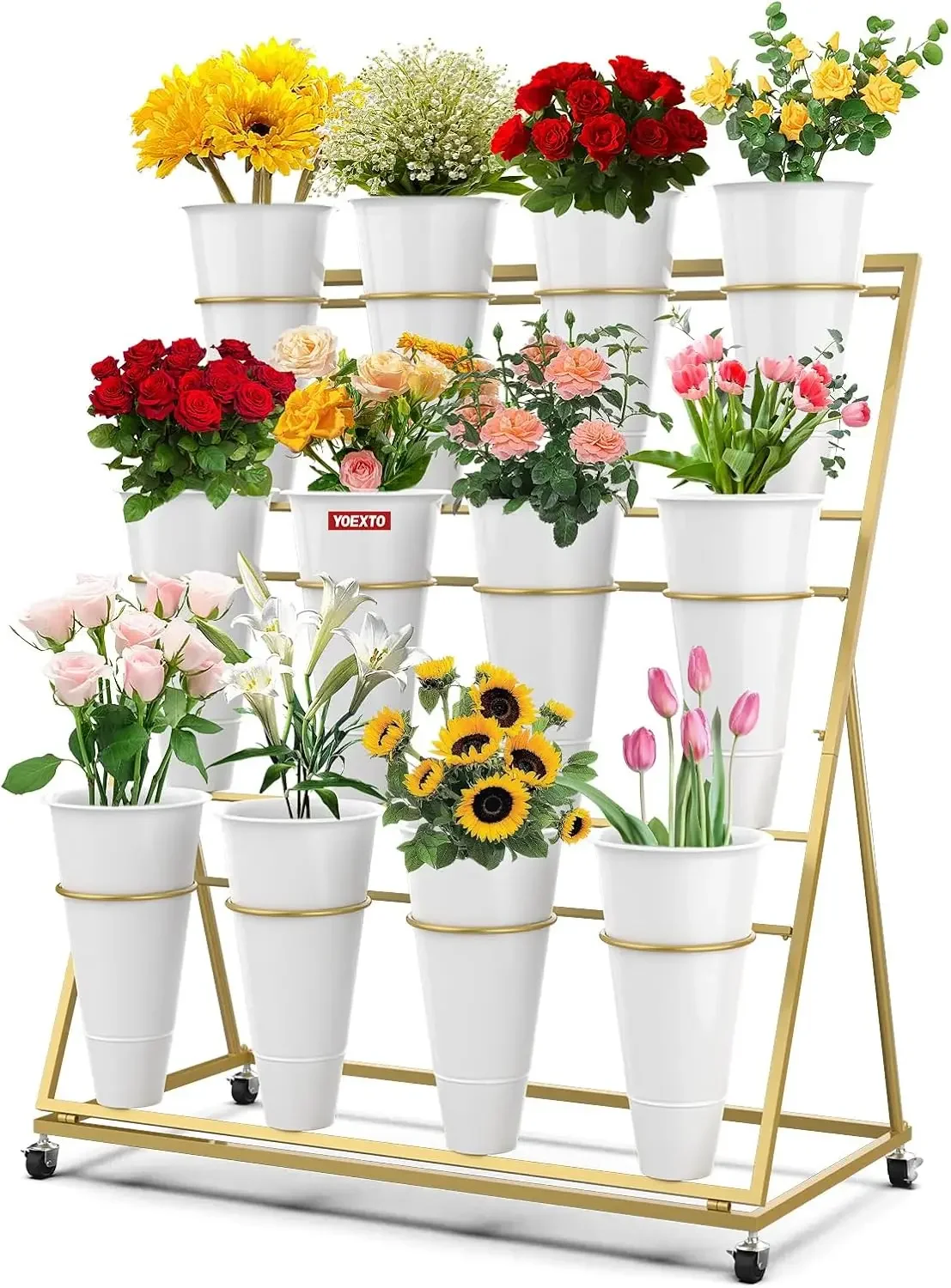 Flower Display Stand with Round Buckets, 3 Layers 12 PCS Buckets Plant Stand with Wheels, Movable Metal Plant Stand for Terrace