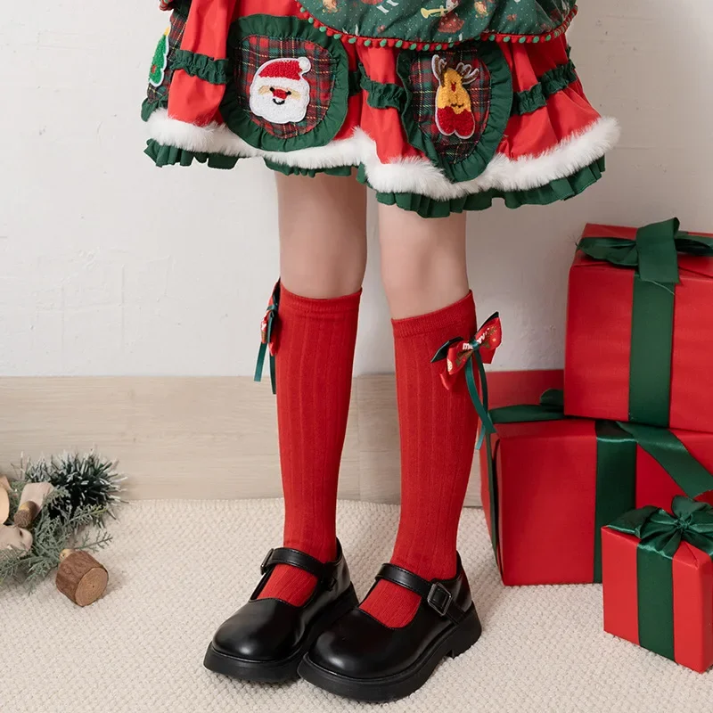 

2025 New Autumn Winter Baby Girl Socks Halloween Christmas Solid Color Bow Stockings Children Girls Accessories S070