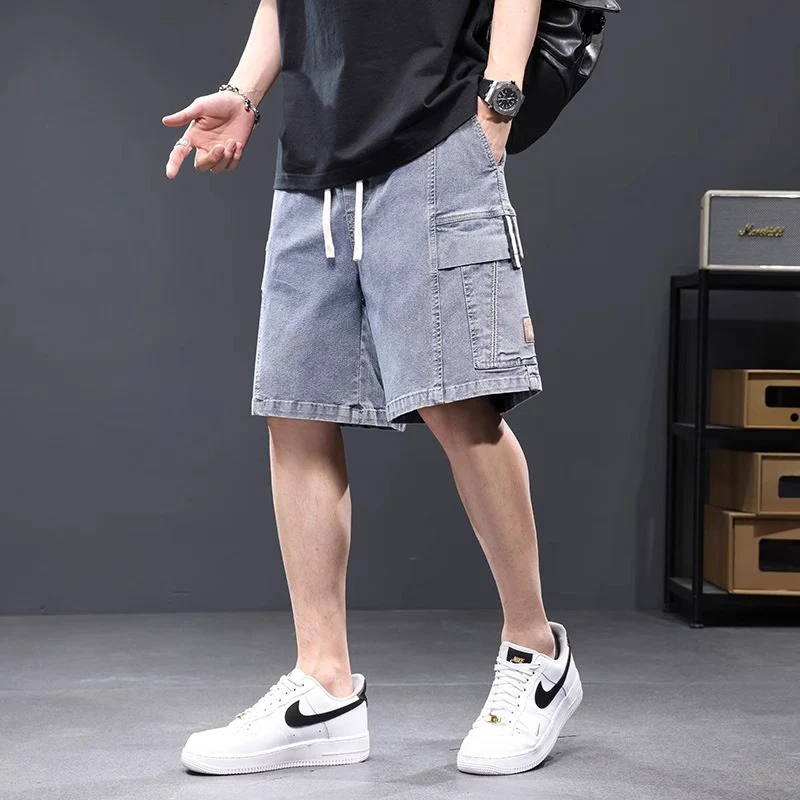 

Men Summer Lightweight Ice Silk Denim Short Pants Male Multiple Pockets Baggy Straight Jeans Daily Simplicity Sweatpants