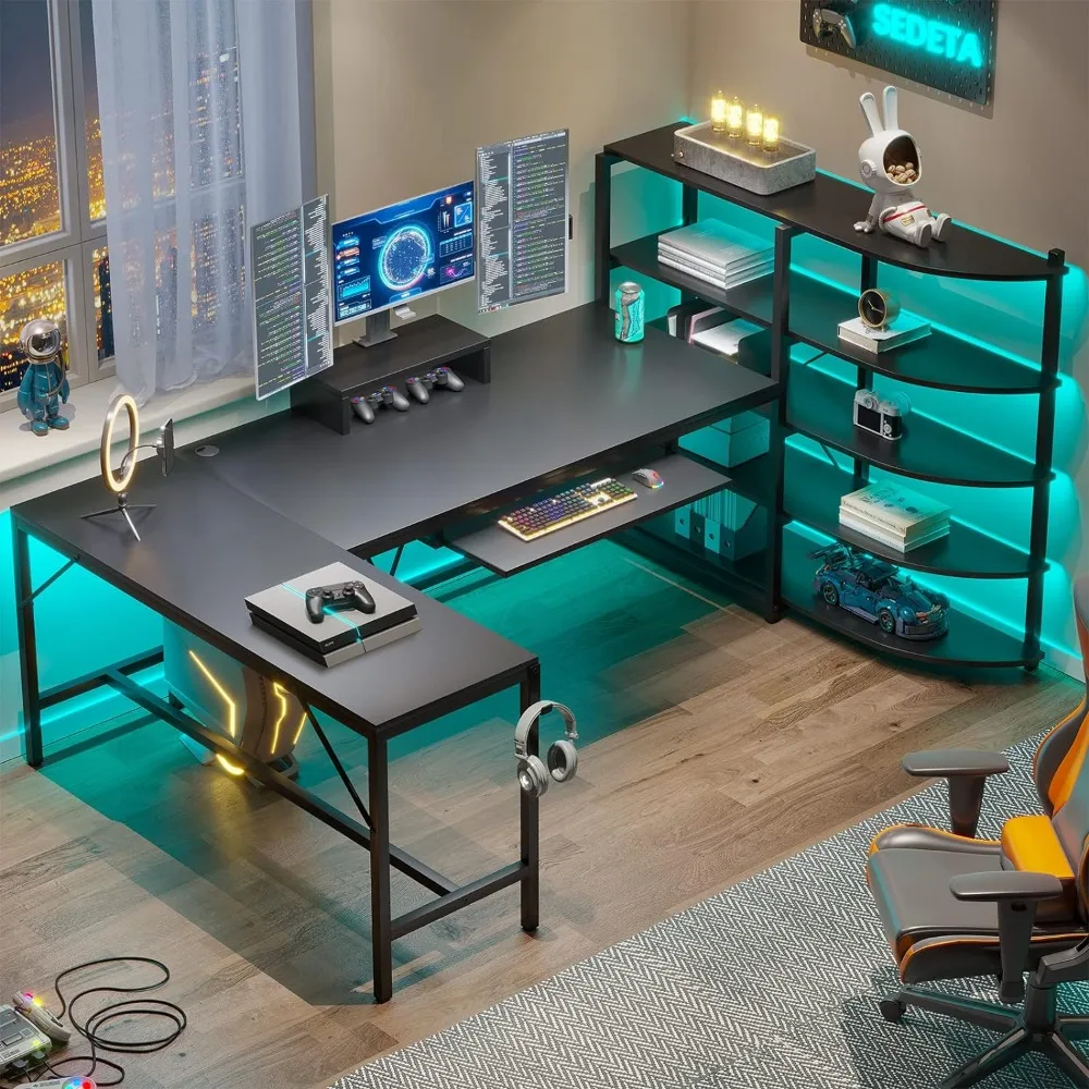 

L Shaped Gaming Desk, 65'' Corner Gaming Desk, Computer Desks with Storage Shelves, Keyboard Tray, Monitor Stand, Office Desk