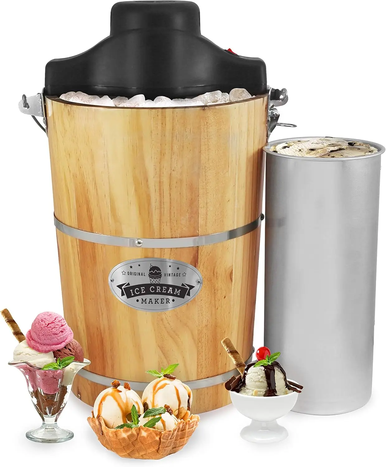 

EIM916 Old Fashioned 6 Quart Vintage Wood Bucket Electric Ice Cream Maker Machine Appalachian, Bonus Classic Die-Cast Hand Crank