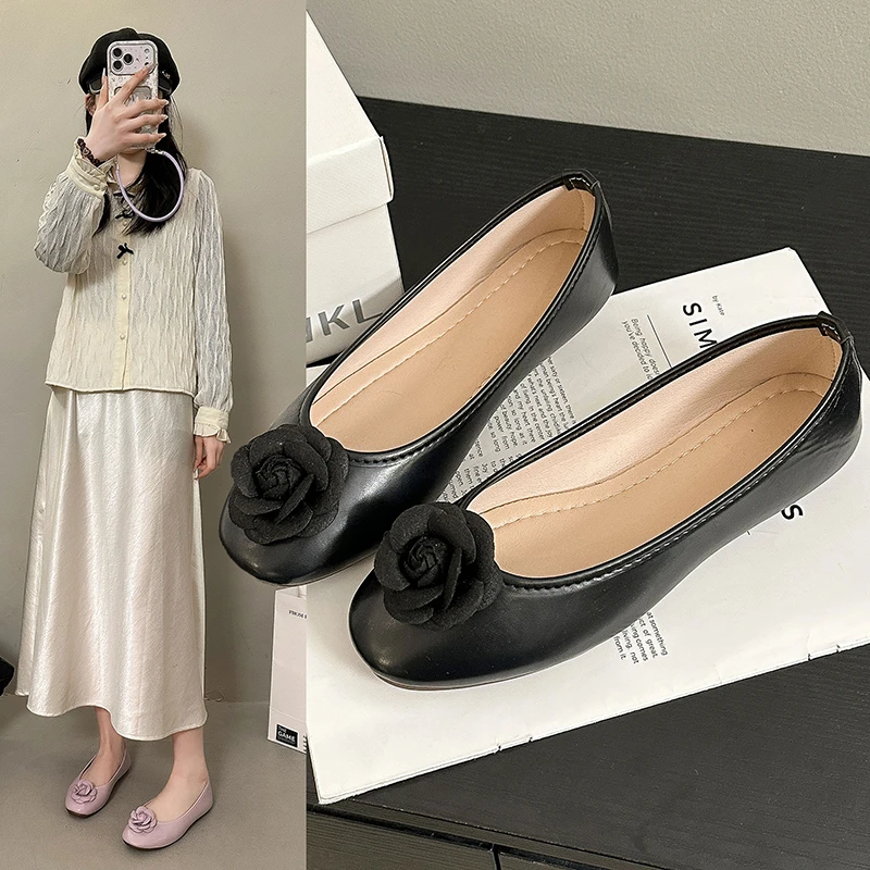Fashion Flower Single Shoes Autumn New Square Toe Shallow Mouth Slip-on Non-Slip Low-Top Shoes