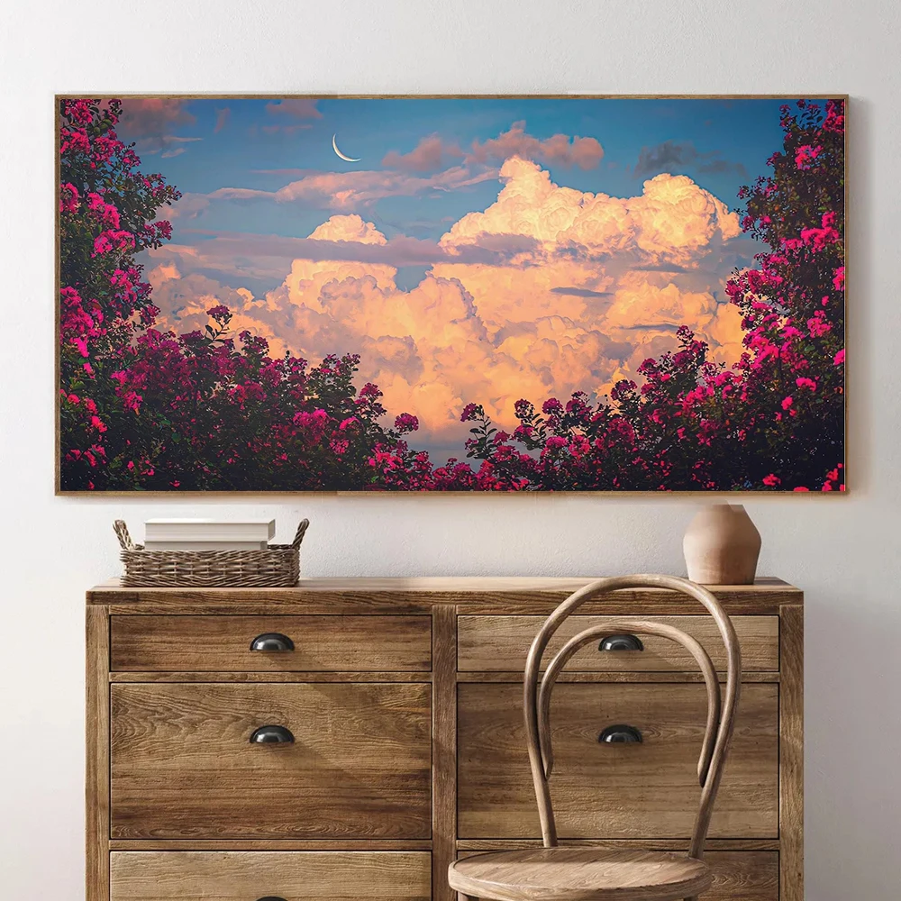 المناظر الطبيعية قماش جدار الفن بحيرة الغابات الجبلية مشهد اللوحة السماء الزرقاء الغيوم البيضاء والمراعي المشارك طباعة ديكور المنزل