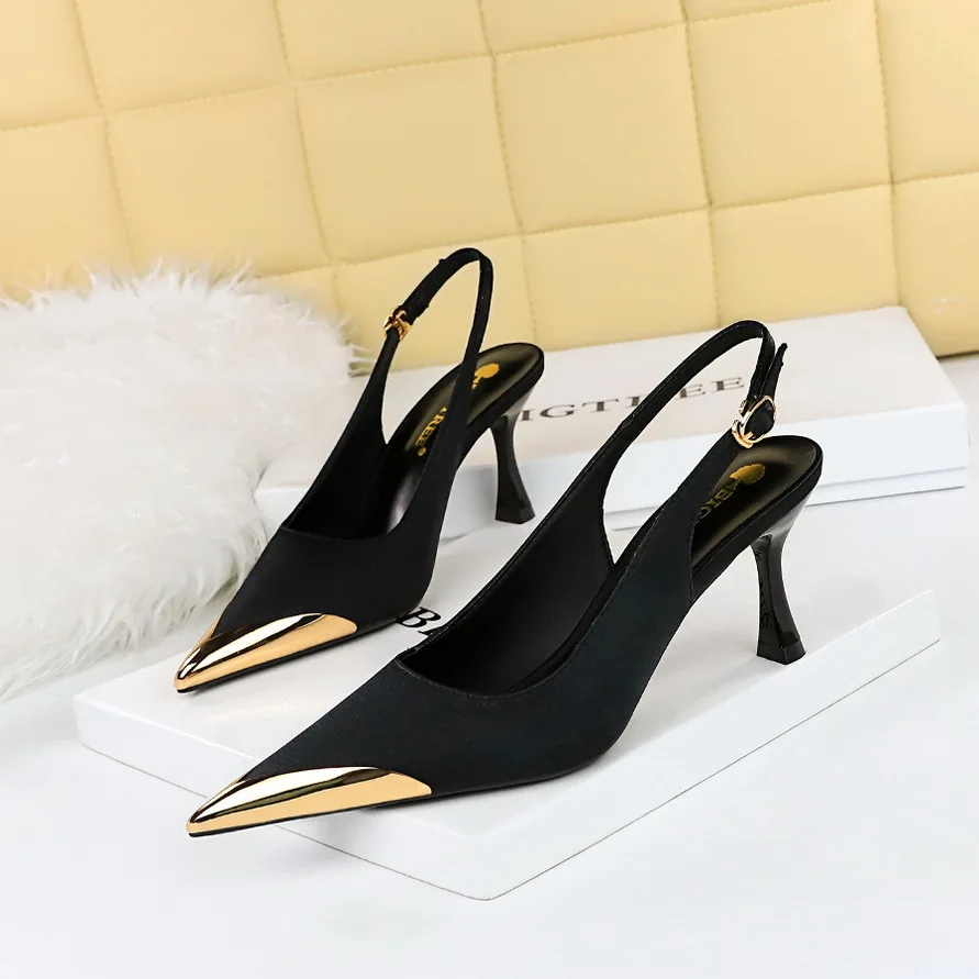 

Women Pumps High Heel Sexy Party Pointed Side Hollow Metal Rhinestone Buckle Silk Fabrics 7.0 CM Thin Heels Fashion Girls Ladies