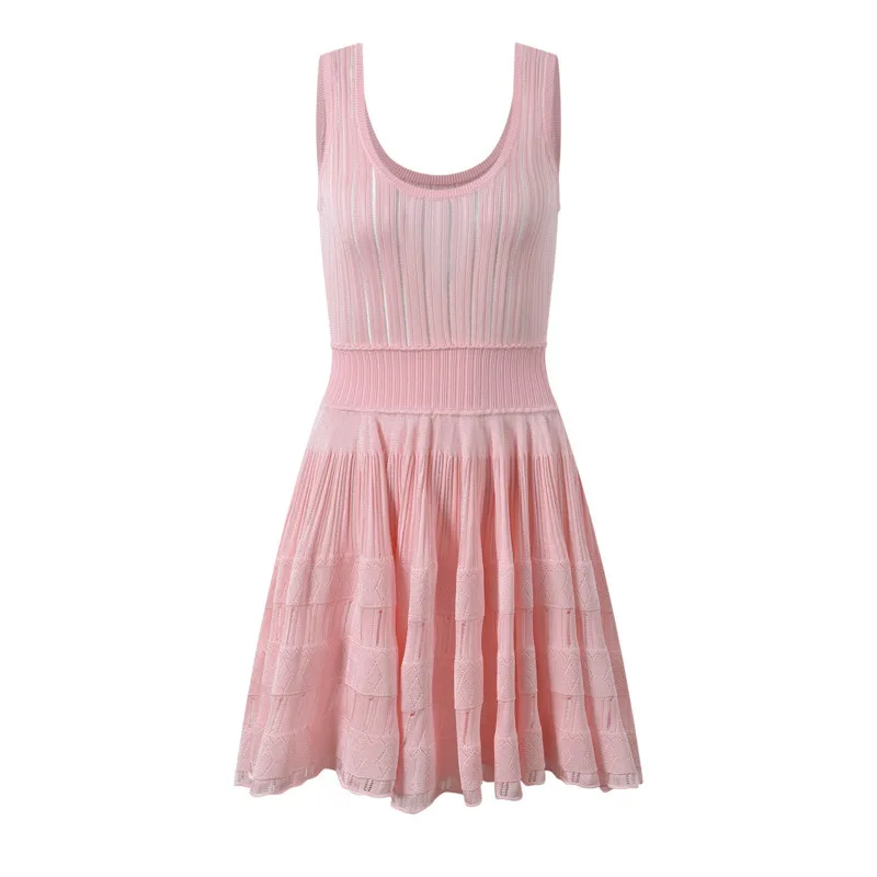 فستان CHUJIE منسوج بطيات - حمالة مجوفة على شكل حرف U - ضيق للخصر - ملابس صيفية بدون أكمام - مزيج فيسكوز قابل للتمدد