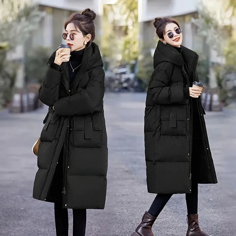 Down and Cotton Jacket Women\'s Long Style 2024 Winter New Loose Bread Jacket Cotton Jacket Women\'s Coat Solid Color Commuting WF