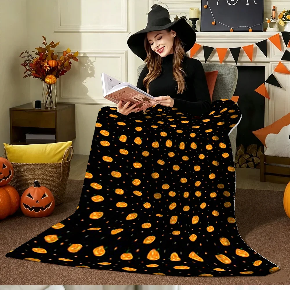 Halloween Pumpkin Print Fleece Blanket Black Orange Jack-o-Lantern Pattern Soft Warm Throw for Sofa Bed Holiday Home Decor
