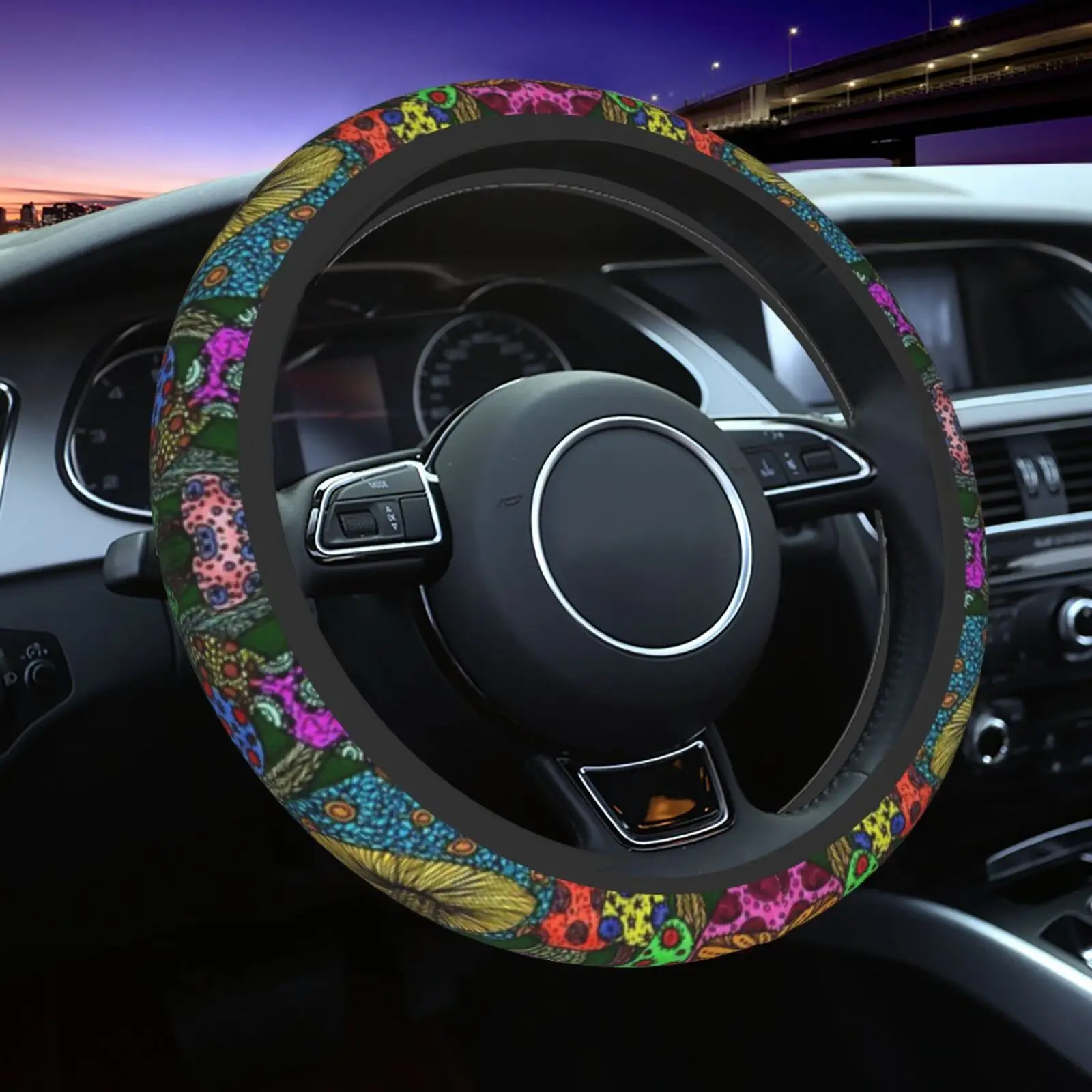 Psychedelic Mushroom Print Steering Wheel Covers Anti Slip Elasticity Car Accessories Steering Wheel Protector Universal 15 Inch