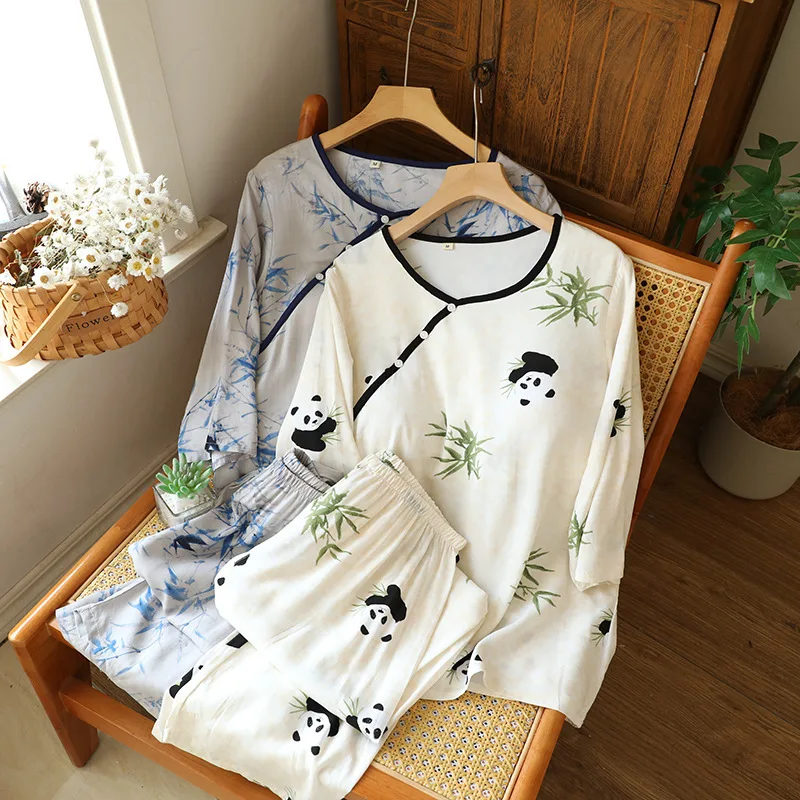 2025 Summer Women Pajamas 2 Pcs Set Chinese Ancient Style Women Sleepwear Home Suit Short Sleeved Shorts Round Neck Pijamas