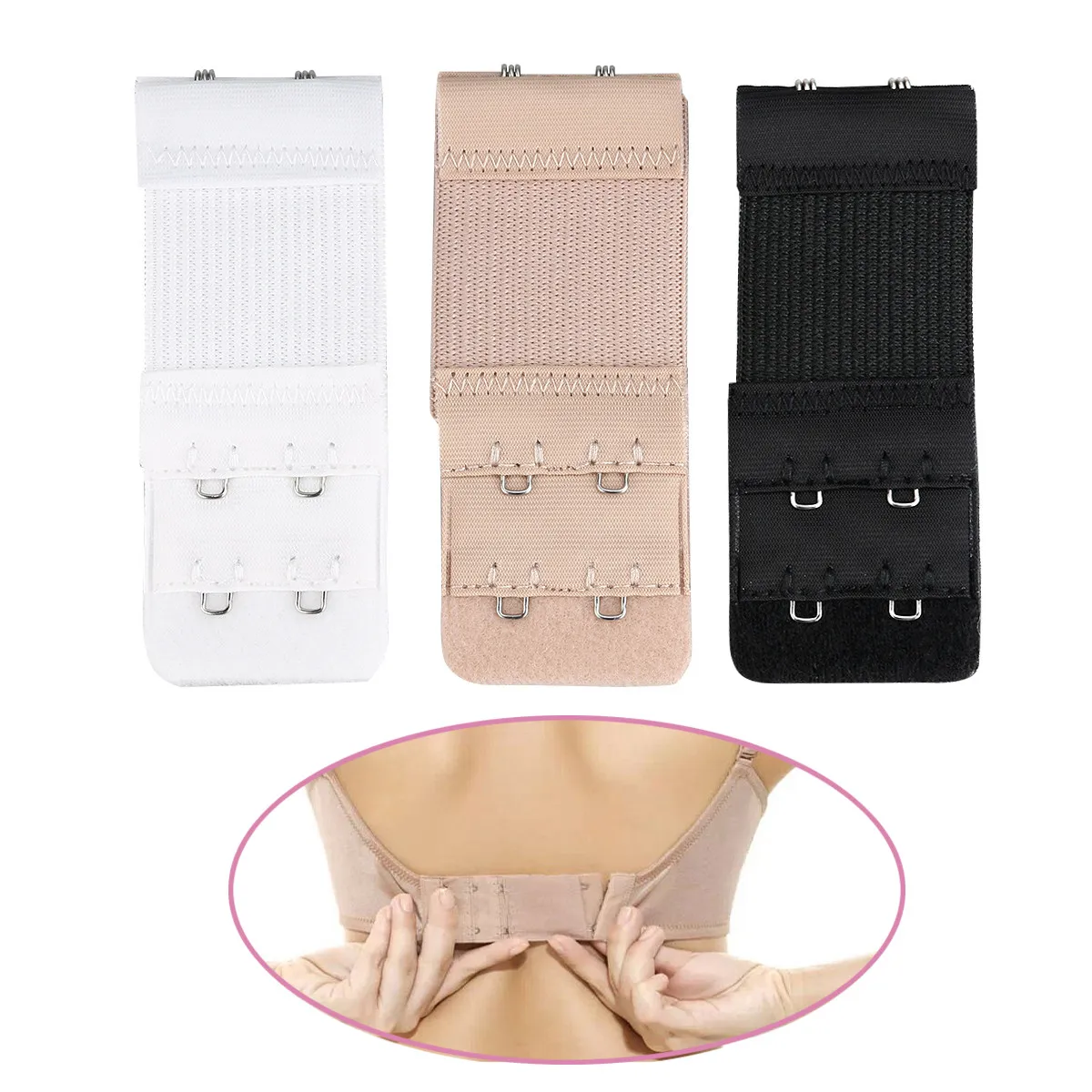 3Pcs Bra Extenders 2 Hook 2 Row Elastic Cotton Stainless Steel Soft Comfortable Lingerie Extensio for Adjustable Fit Black White