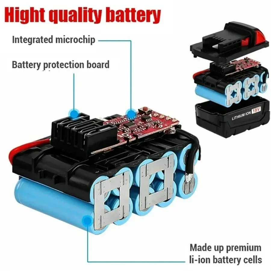 For Milwaukee M18 Power Tool Battery, Charger, 18V 6000mAh, BR, XC, 18V, M18B5, 48-11-1860, Built-in 18650 Battery
