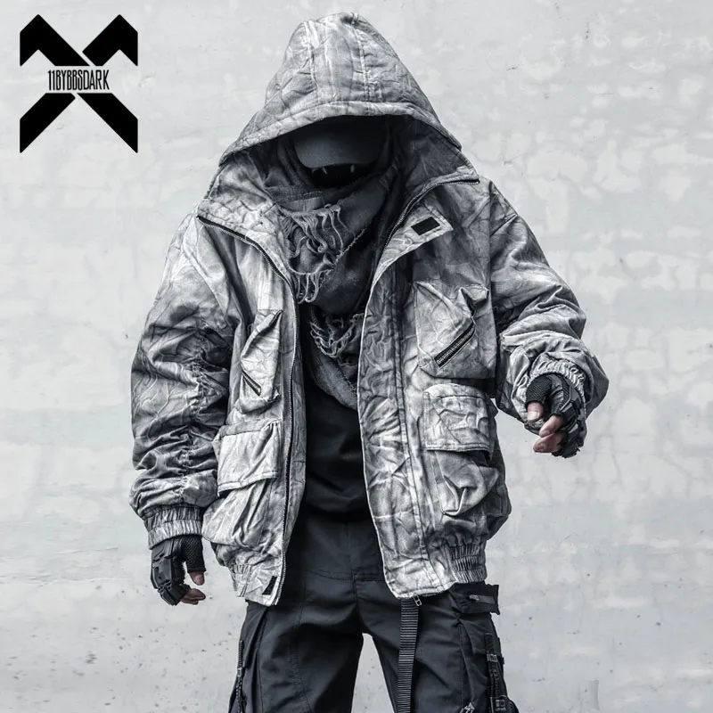 Vintage Winter Hooded Jackets Hip Hop Grunge Thick Warm Parka Coat Functional Tie Dye Baggy Punk Gothic Men Thick Jacket