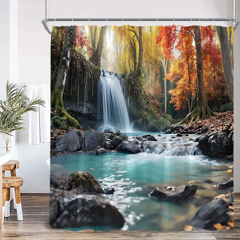 Autumn Forest Landscape Shower Curtains Red Maple Trees Waterfall Log Cabin Bear Fall Scenery Fabric Home Bathroom Curtain Decor