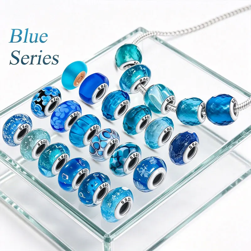 Blue Glass 925 Sterling Silver Charms Beads Fit Original Bracelet Bag Keychain Earring Charm Bead Pendant Diy Women Jewelry Gift