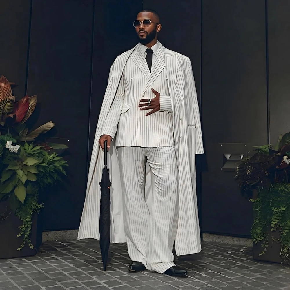 Luxury Men's White Pinstripe 3-Piece Suit Oversized Overcoat with Formal Tuxedo Jacket Pants Set Gentlemen Banquet Party Outfit