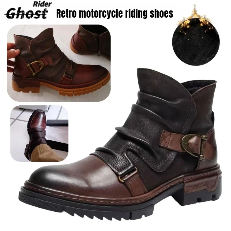 

Retro Nostalgia Cowhide Men's Motorcycle Boots Leather Men's Shoes Riding Boot Motorcycle Boot Ankle Boots Plush Warmth