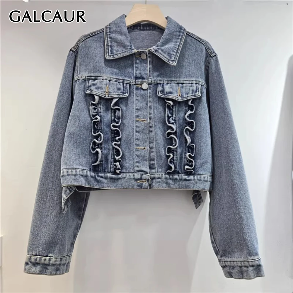 

GALCAUR Blue Spliced Fungus Coat Female Lapel Long Sleeve Basics Chic Patchwork Single Breasted Women's Jacket Summer New Style