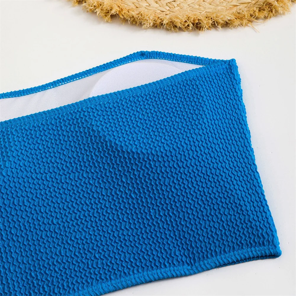 High Waist Bikini Strapless Bandeau Swimsuit Ribbing Vacation Swimwear Solid Bathing Suit Women Beach Outfit Traje De Bano Mujer