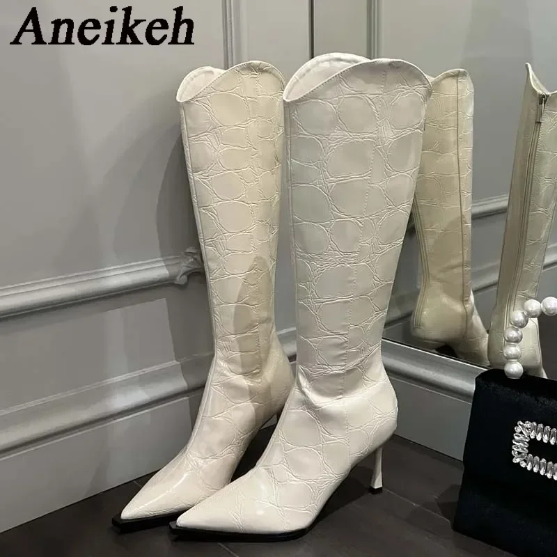 Aneikeh High Heeled Retro Brown Pointed Boots for Women 2024 New V-shaped Mouth Lacquer Crocodile Pattern Knee High Knight Boots