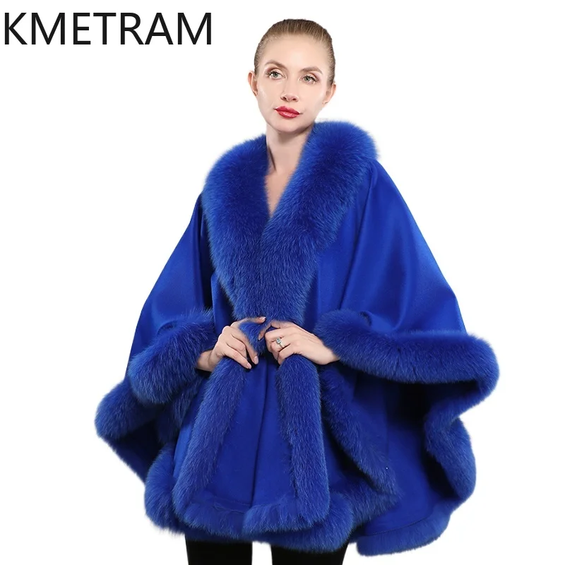 90% Wool + 10% Cashmere Cloak with Fox Fur Collar Winter Real Fur Coat Woman Party Shawl Coats Women Clothing 2025 шуба женская