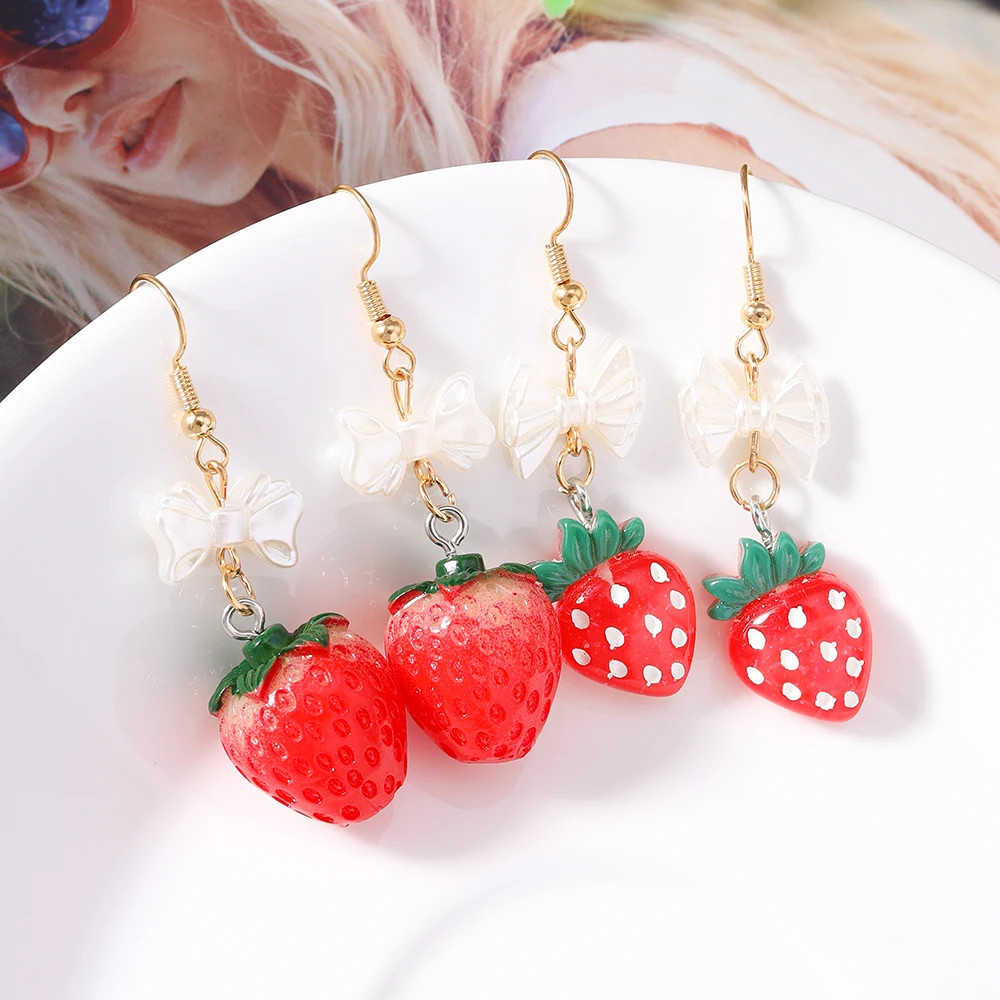 Aihua Korean Resin Bowknot Strawberry Drop Earrings for Women Kids Simulated Fruit Dangle Earrings Birthday Jewelry Accessories