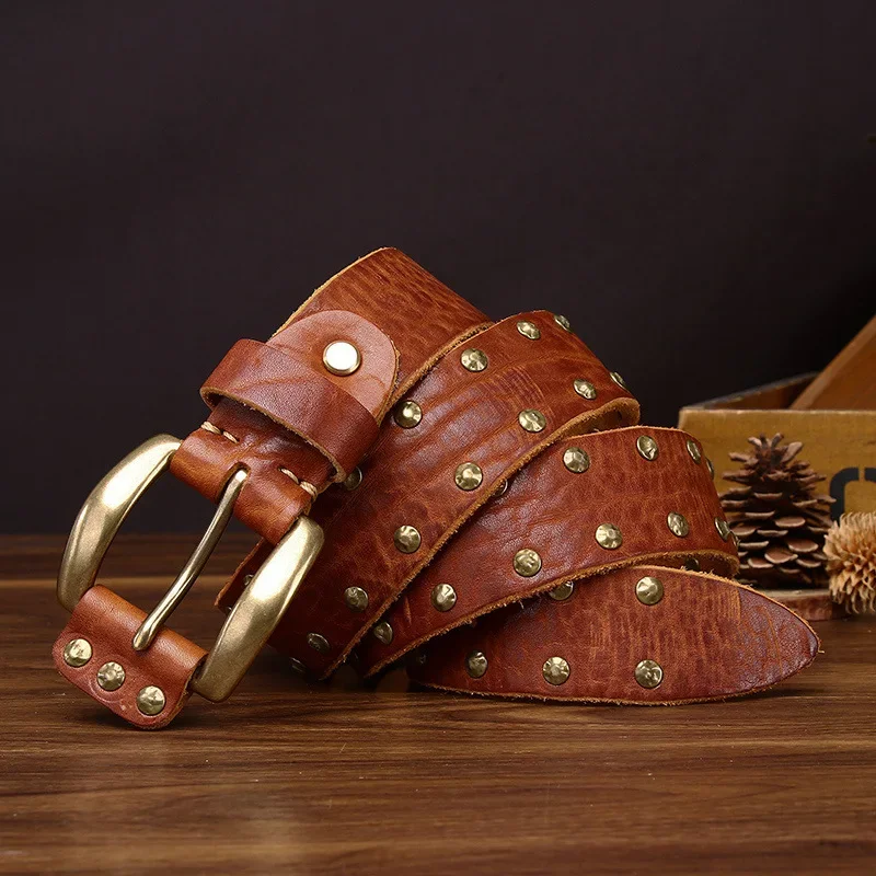 Punk Trend Rivet Men Belt Thicken Genuine Leather Brass Pin Buckle Washed Retro Distressed Pure Cowhide Personalized Denim Belt