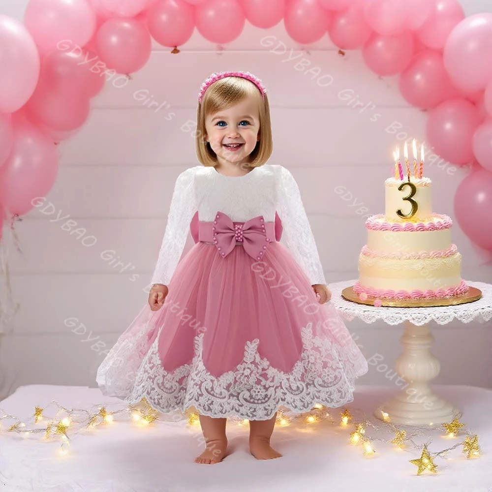 

Customized Baby Girls Birthday Dress Lace Sleeve Tea Length Flower Girl Dress With Bow Sash Kids Pageant Wedding Party Ball Gown