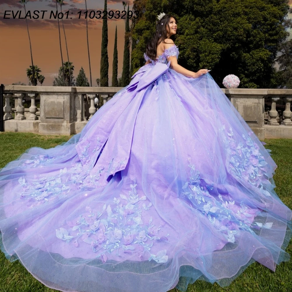 

EVLAST Customized 2025 Lavender Floral Ball Gown Quinceanera Dress Lace Applique Beading Bow Sweet 16 Vestidos De 15 Anos E1Q826