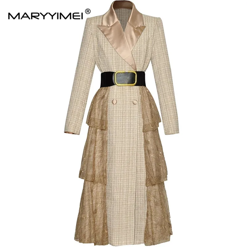 MARYYIMEI New Fashion Design Women's Coat Notched Long-Sleeved Double-Breasted Lace Splicing Mesh Plaid Overcoat With Belt