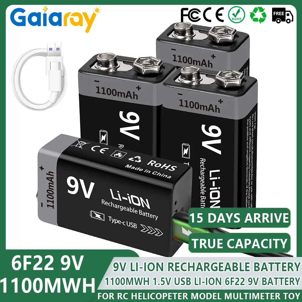 

1-12Pcs 9V Rechargeable Battery 1100mAh USB Type-C Rechargeable 6F22 9V Li-ion Battery for RC Helicopeter Model Multimeter Toy