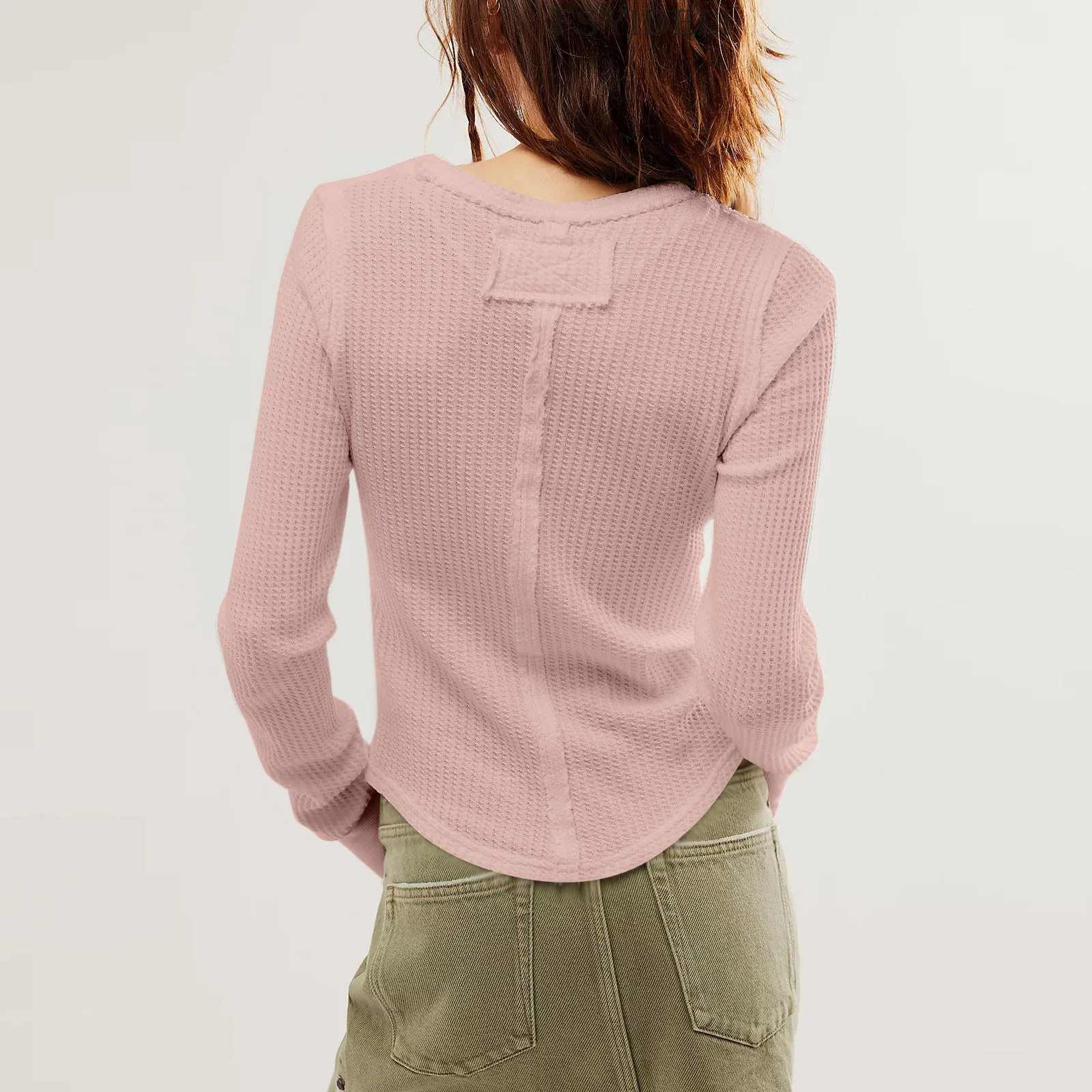 Women'S Solid Bottom Shirt Round Neck T-Shirt Slim Fitting Long Sleeved Waffle Pullover Tops Female Streetwear Casual Base Tees