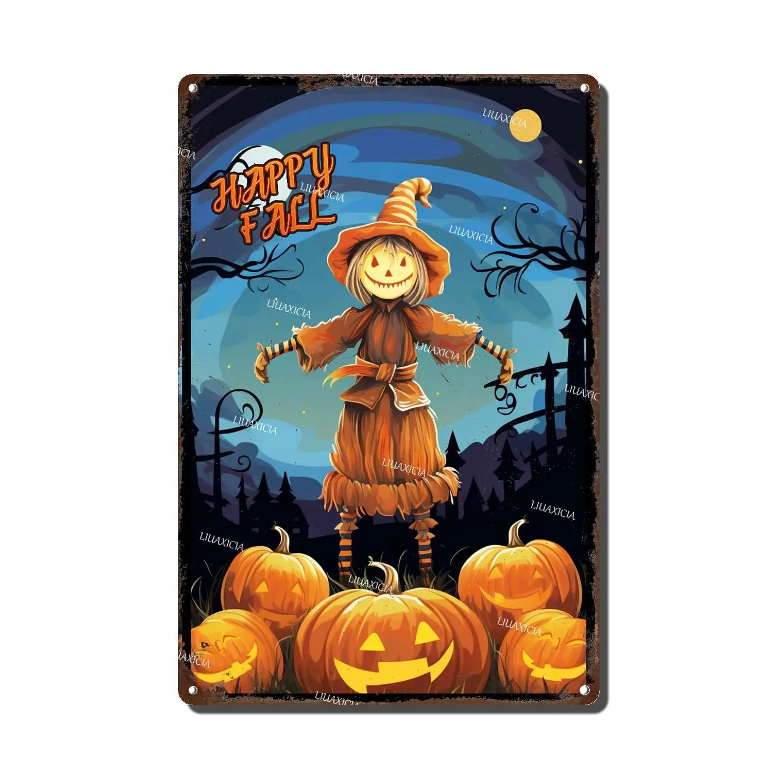 Retro Art Tin Sign Happy Fall Thanksgiving Metal Tin Sign Autumn Scarecrow Harvest Pumpkins Vintage Metal Sign Fall Tin Signs fo