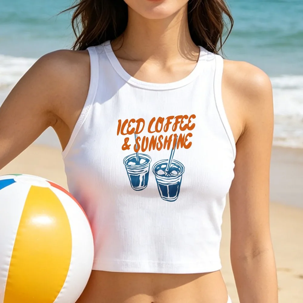 Iced Coffee & Sunshine Cup Graphic Women Crop Tank Top  Summer Beach Coffee Lover Sleeveless Casual Vest Sleeveless Cropped Tank
