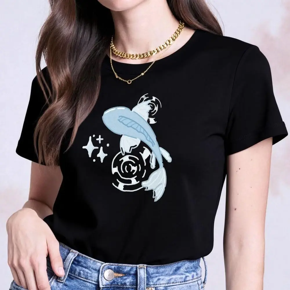 Hand-drawn Whale Graphic T-Shirt Women Summer Short Sleeve Blue Whale Print Star Ripple Design Heart Pose Casual Harajuku Tees