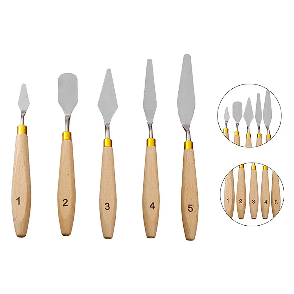 

5Pcs Painting Accessories Anti-Skid Wooden Handle Smooth Stainless Steel Knives for Canvas Mural Art Class Beige