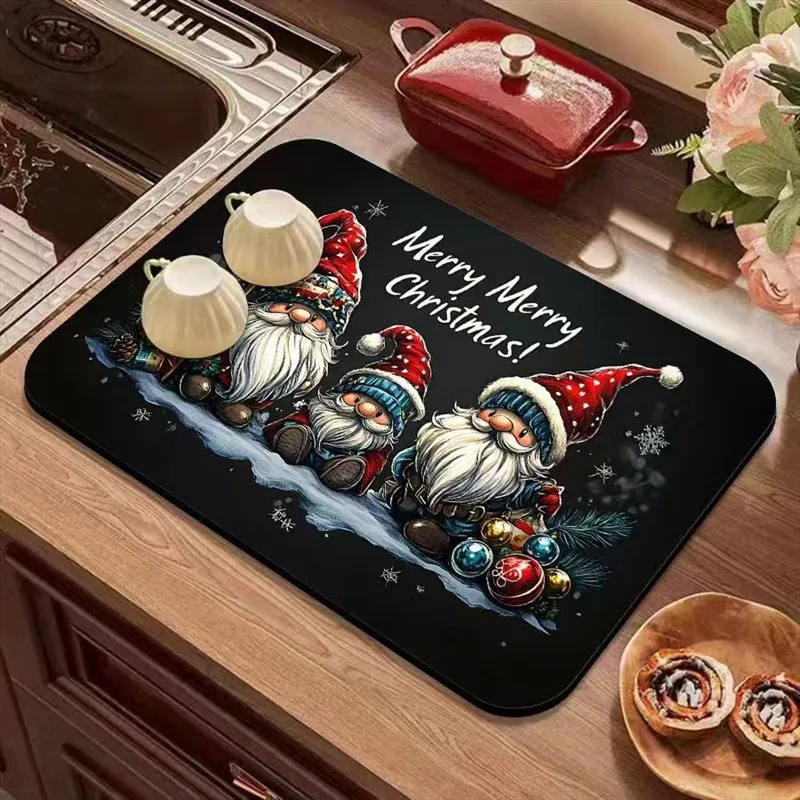 VIKAMA Diatomite Drying Mat Super Absorbent Fast Drying Non-Slip Heat Resistant Coffee Bar Gnome Snowflake Winter