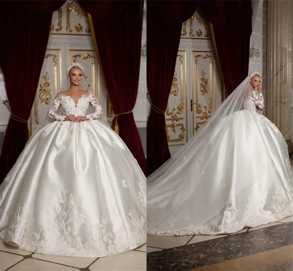 Abiti da sposa personalizzati con scollo trasparente e perle, abiti da ballo, strascico, chiesa, Dubai, arabi, maniche lunghe, abito da sposa