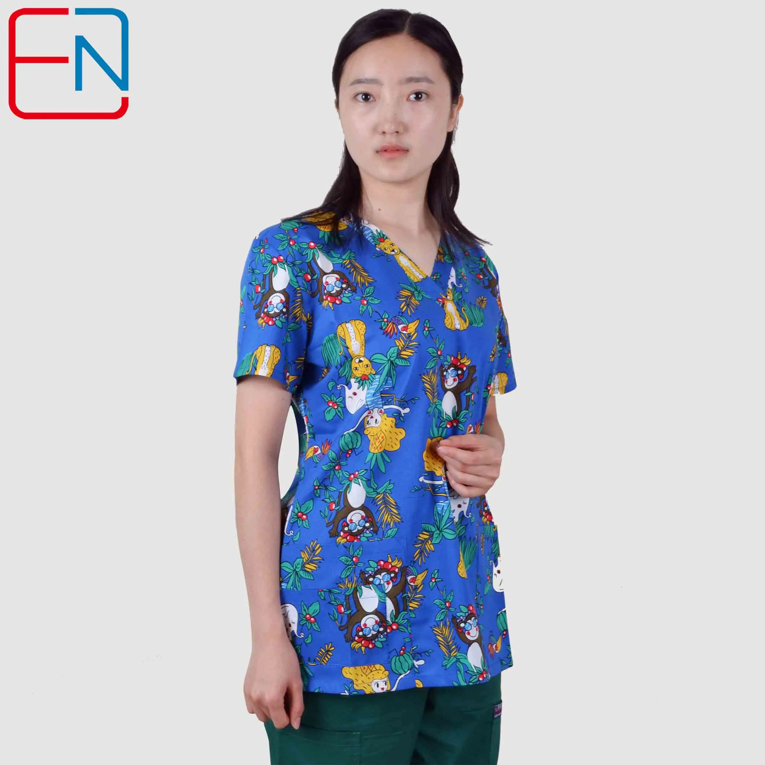 Hennar Print animal Prints  Scrub Uniform For Women In 100% Cotton 4 pockets,XXS-5XL  Medical Scrub Tops